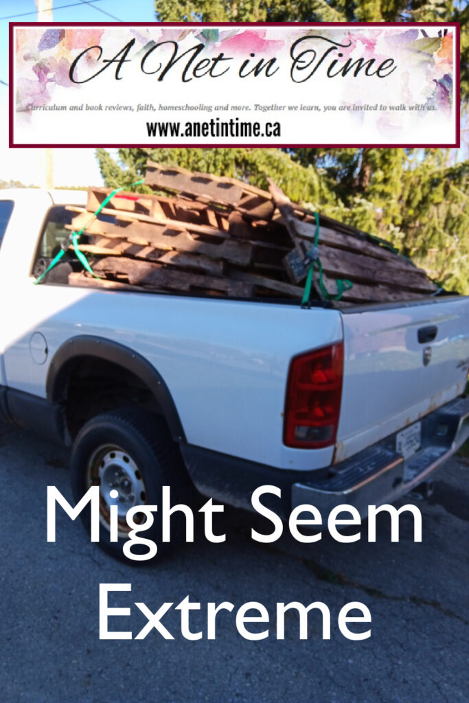 text: might seem extreme.  Image: truck with load of wood pallets