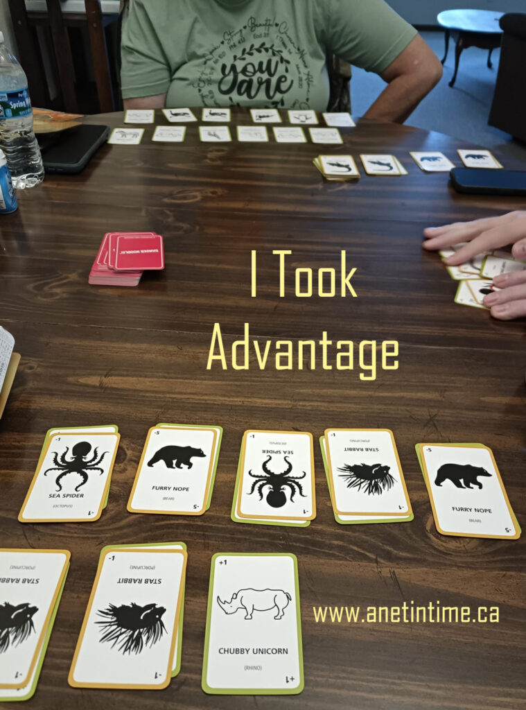 I Took Advantage, text with image of playing a card game