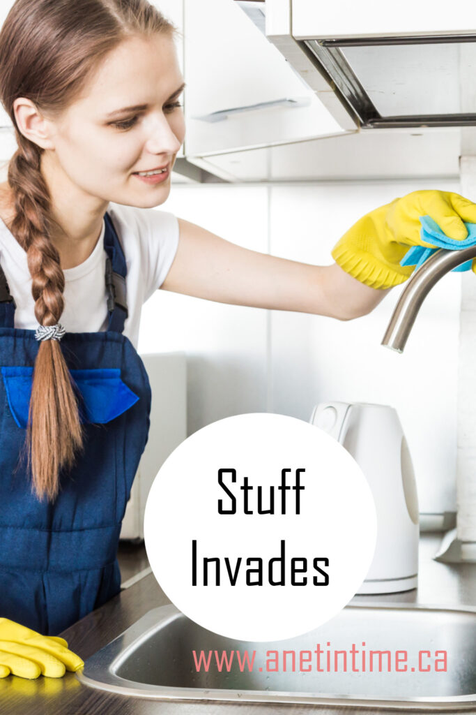 text: stuff invades image: lady cleaning a faucet