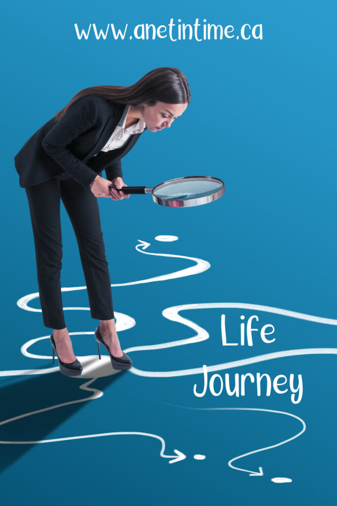 text is life journey points to www.anetintime.ca image depicts person looking at different pathways