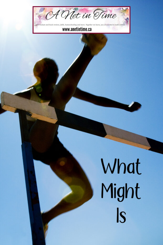 what might is text over image of hurdler