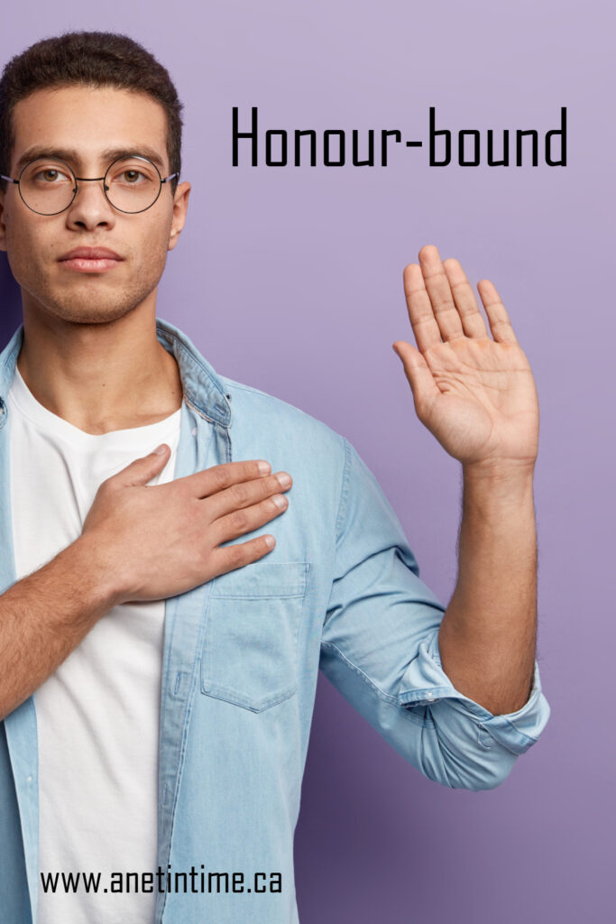 Honour-bound, text over image of a person swearing to tell the truth