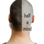 text half a mind, image of backside of a half shaved head.