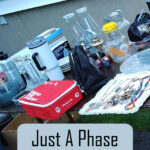 image of random items at yardsale on a table. text Just a Phase