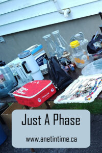 image of random items at yardsale on a table. text Just a Phase